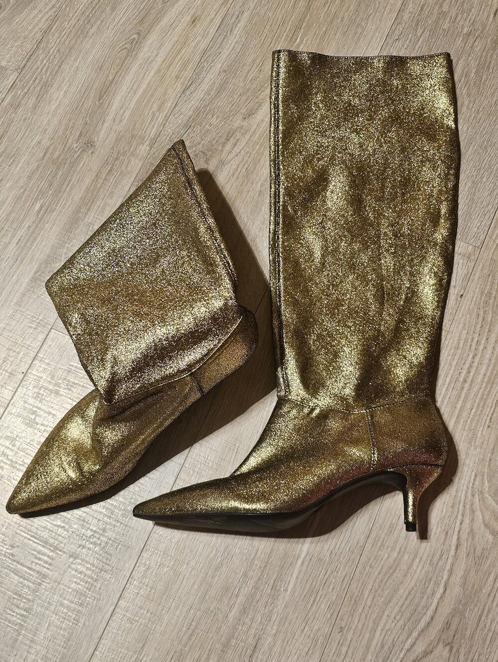 Metallic Gold Women's Influencers Mid-Calf Pointed-Toe Kitten Heel Boots Zara